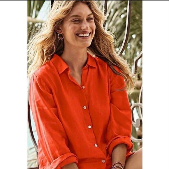 J. Jill Love Linen Essentials Red Button Down Lagenlook Shirt Top SZ M - Picture 1 of 9